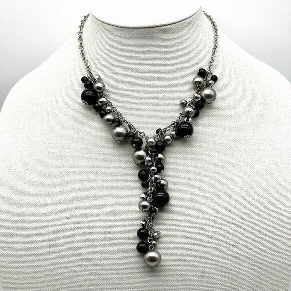 Silver Tone Black Round Bead Cluster Y Fashion 16” Statement Necklace Marked CJ - Picture 1 of 8